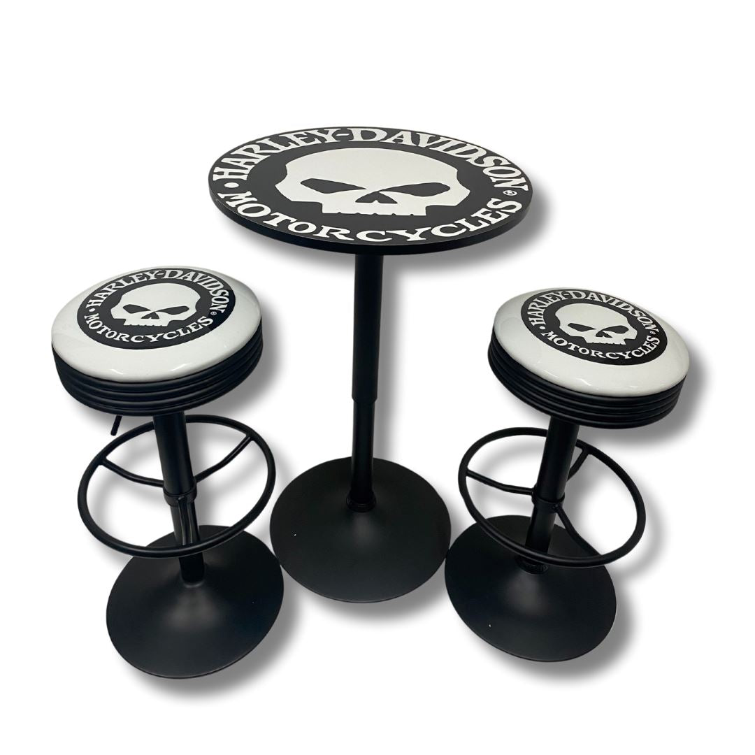 Harley Skull Black Table & Bar Stool Set Retro Bar Table Set
