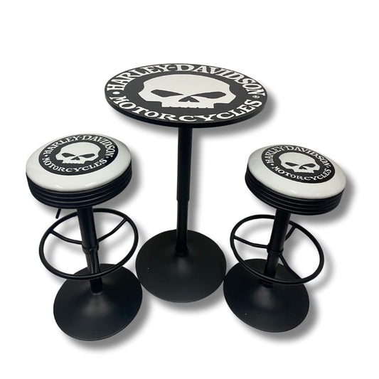 Harley Skull Black Table & Bar Stool Set Retro Bar Table Set