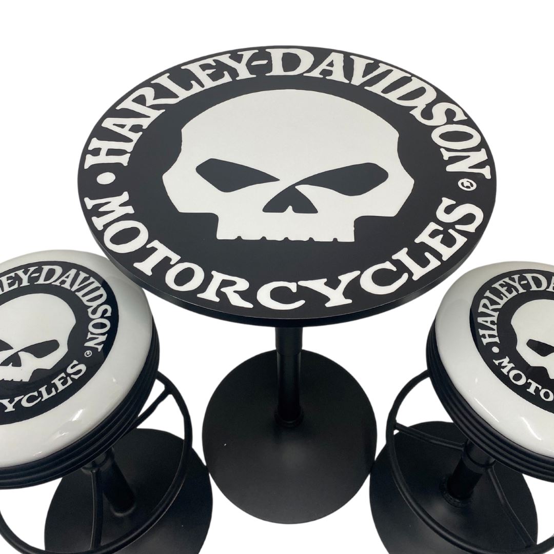 Harley Skull Black Table & Bar Stool Set Retro Bar Table Set