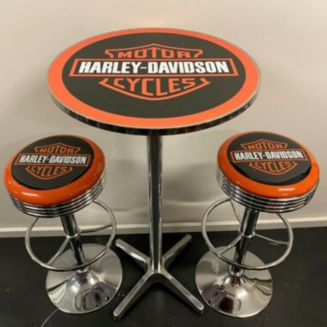 Harley Davidson Shield Table & 2 Stool Package Retro Bar Stools 