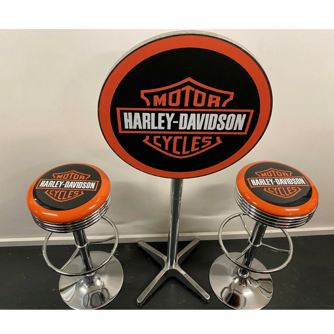 Harley Davidson Shield Table & 2 Stool Package Retro Bar Stools 