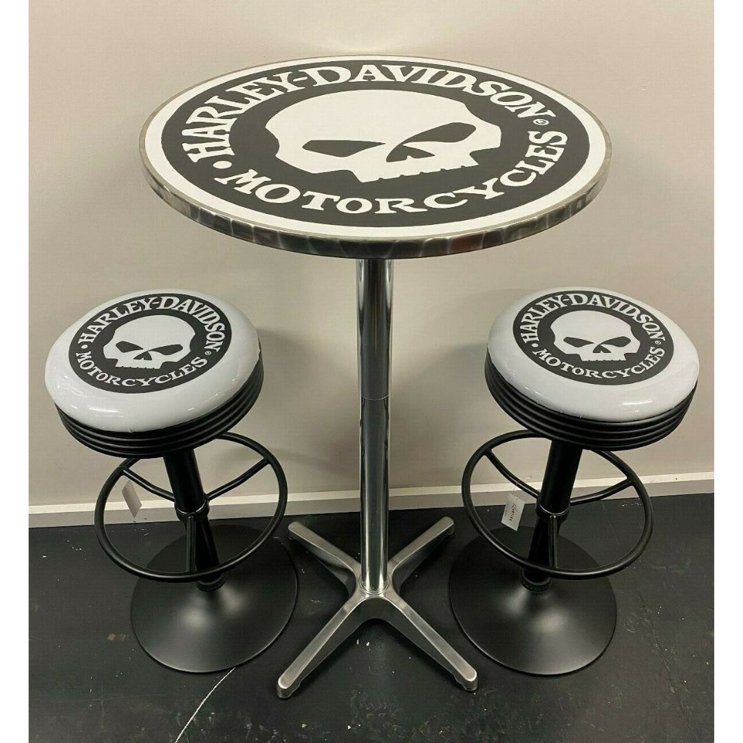 Harley Davidson Willy G Bar Table & 2 Stool Package Retro Bar Stools