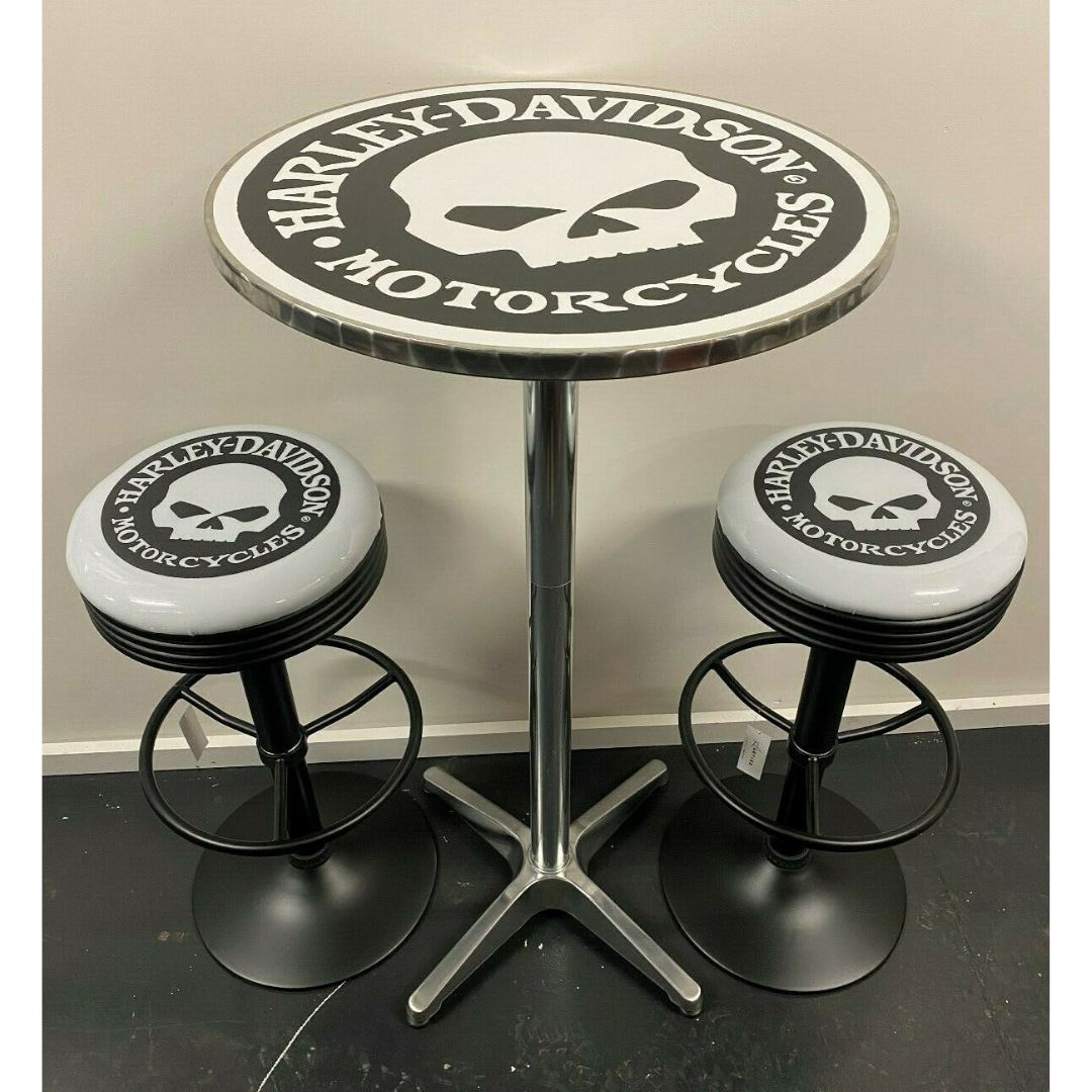 Harley Davidson Willy G Bar Table & 2 Stool Package Retro Bar Stools 