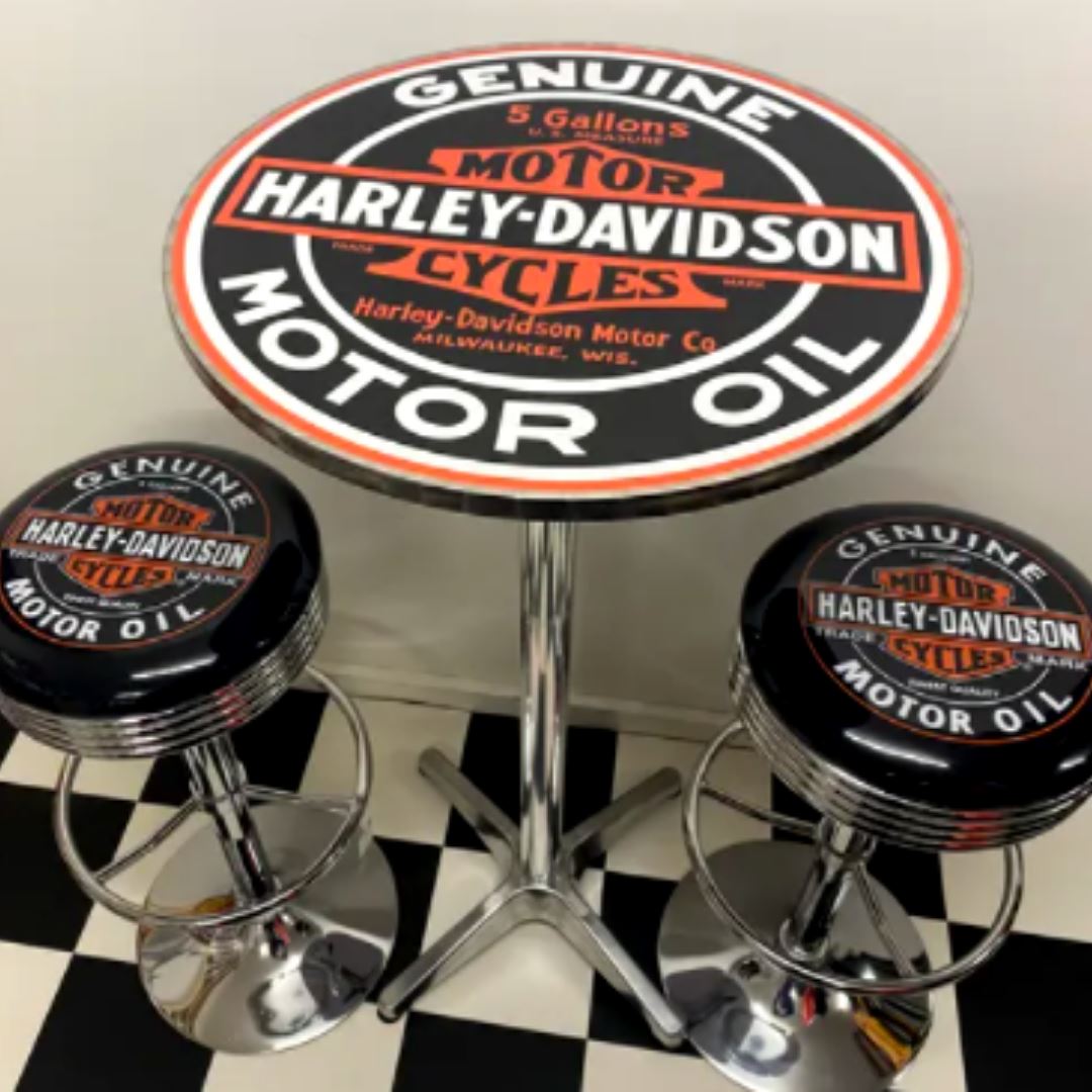 Harley Davidson Motor Oil Table & 2 Bar Stool Package Retro Bar Stools