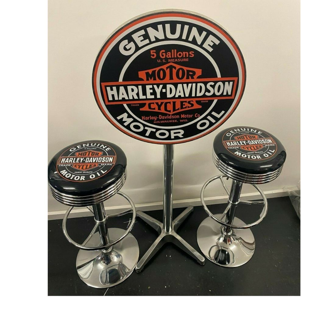 Harley Davidson Motor Oil Table & 2 Bar Stool Package Retro Bar Stools