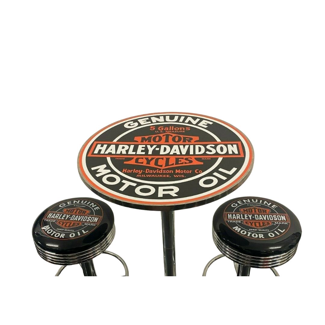 Harley Davidson Motor Oil Table & 2 Bar Stool Package Retro Bar Stools