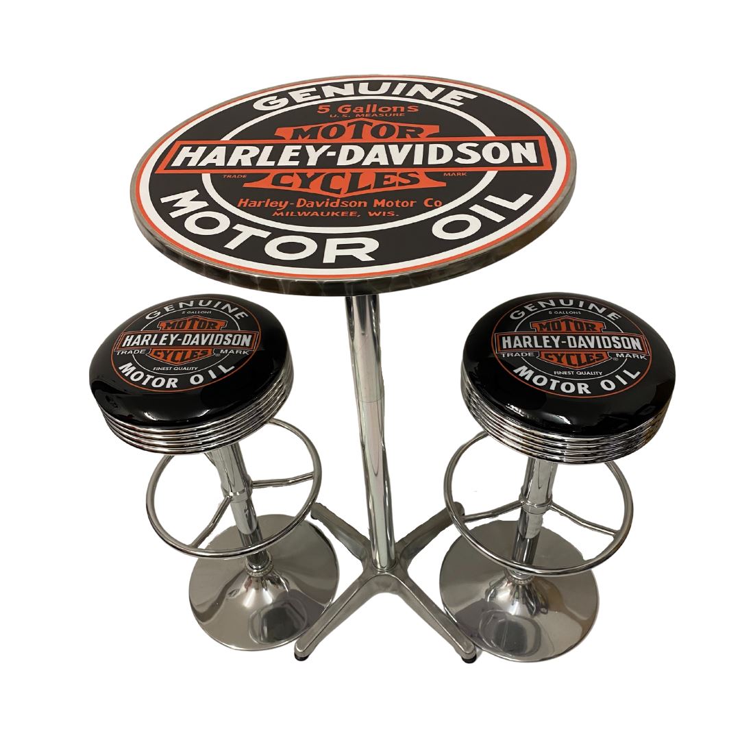 Harley Davidson Motor Oil Table & 2 Bar Stool Package Retro Bar Stools
