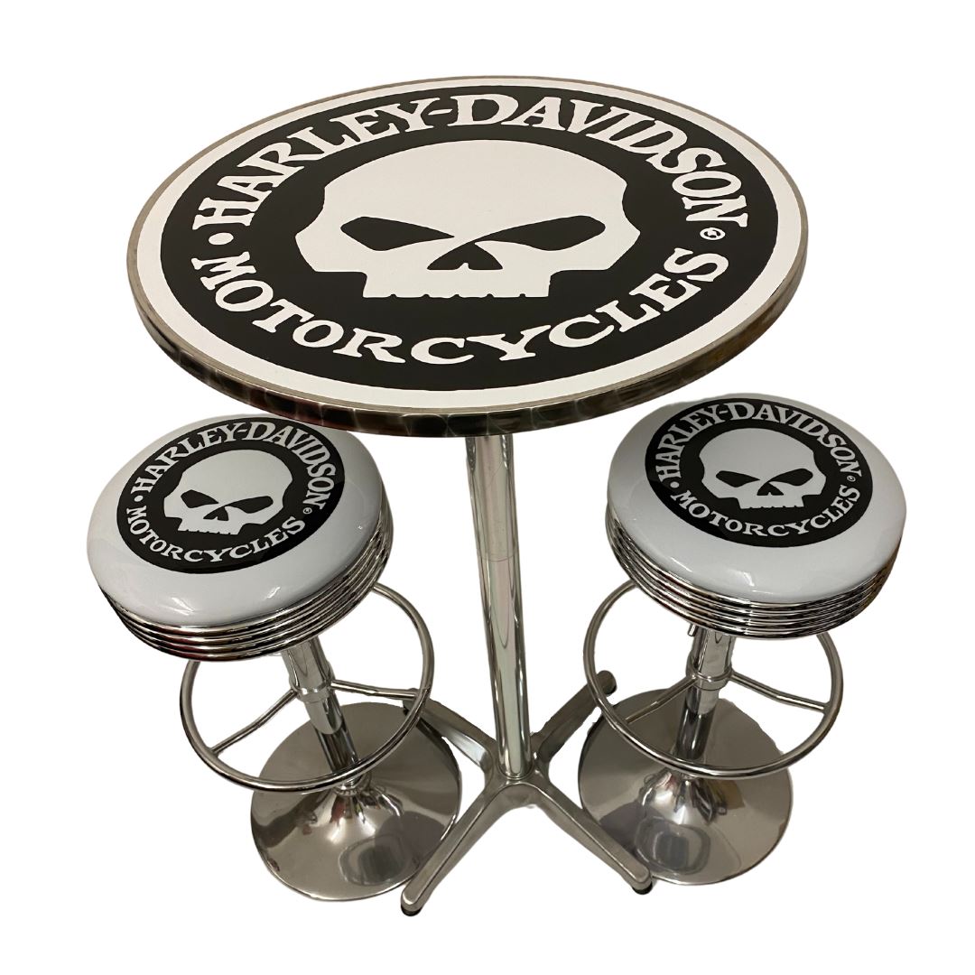 Harley Davidson Willy G Bar Table & 2 Stool Package Retro Bar Stools