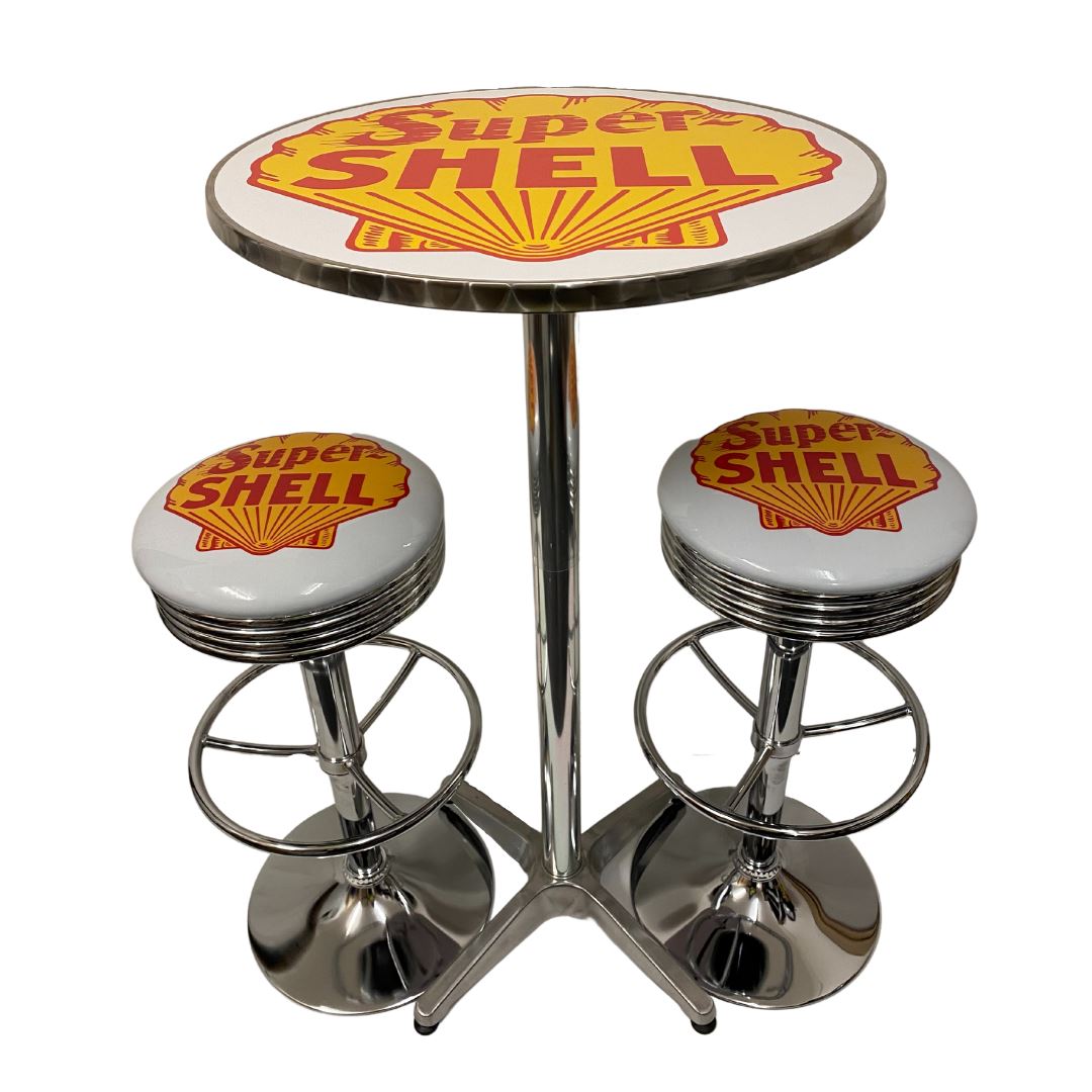 Shell Oil Bar Table & 2 Stool Package Retro Design Retro Bar Stools