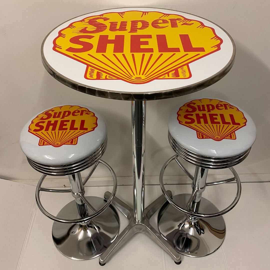 Shell Oil Bar Table & 2 Stool Package Retro Design Retro Bar Stools