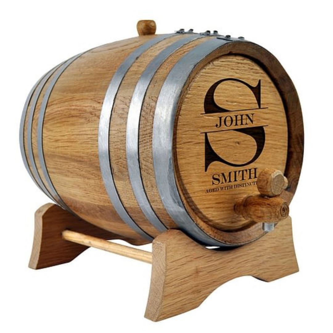 Mini Oak Barrel Personalised Aged With Distinction Steel 2L Wooden Tap