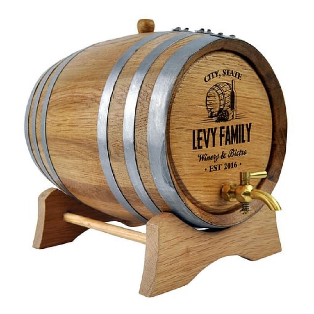 Oak Barrel with Personalised Family Design Drink Dispensers Steel 2L Brass Tap