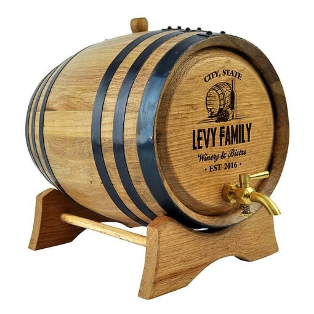Oak Barrel with Personalised Family Design Drink Dispensers Black 2L Brass Tap