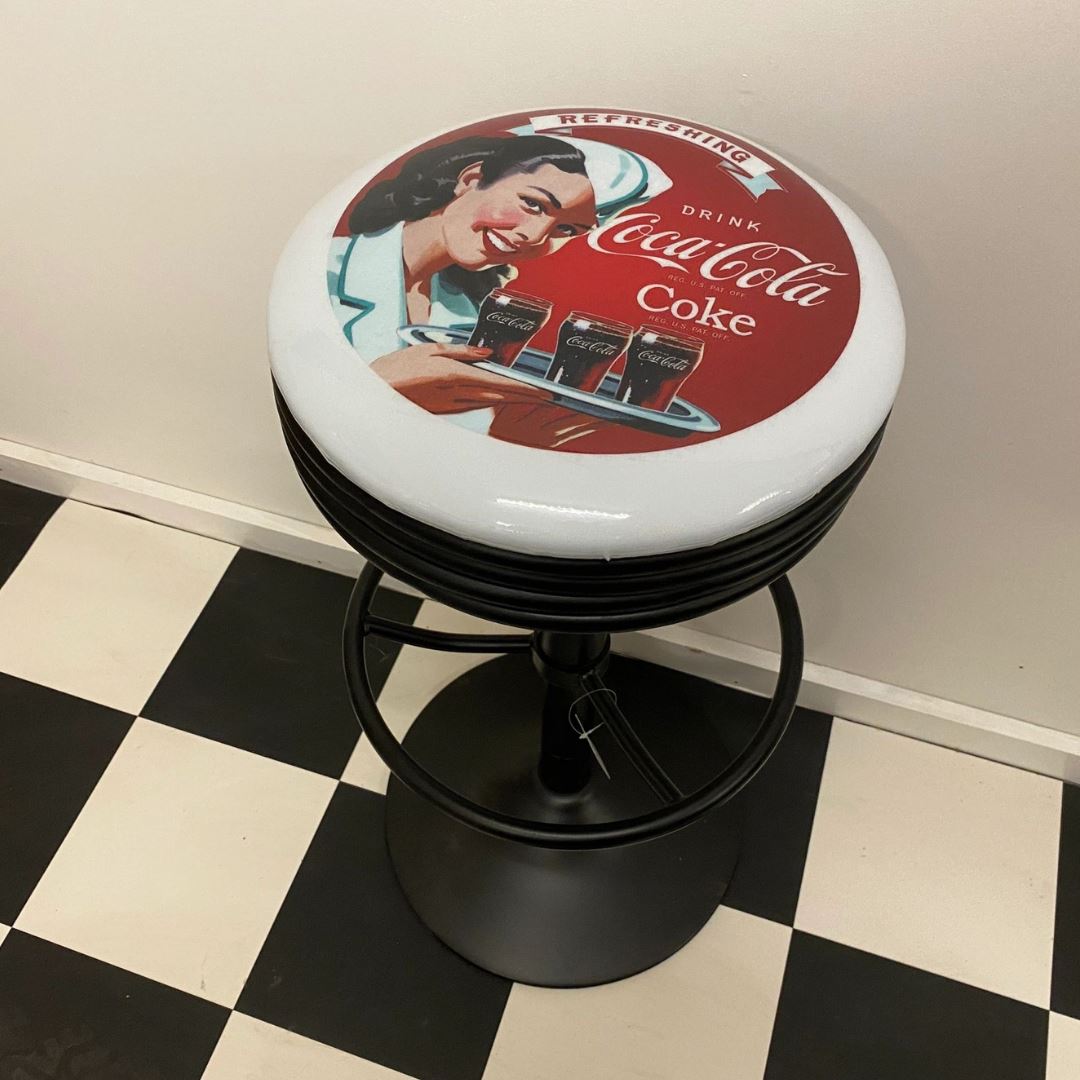 Coca Cola Coke Girl With Tray Black Premium Retro Bar Stool Retro Bar Stools