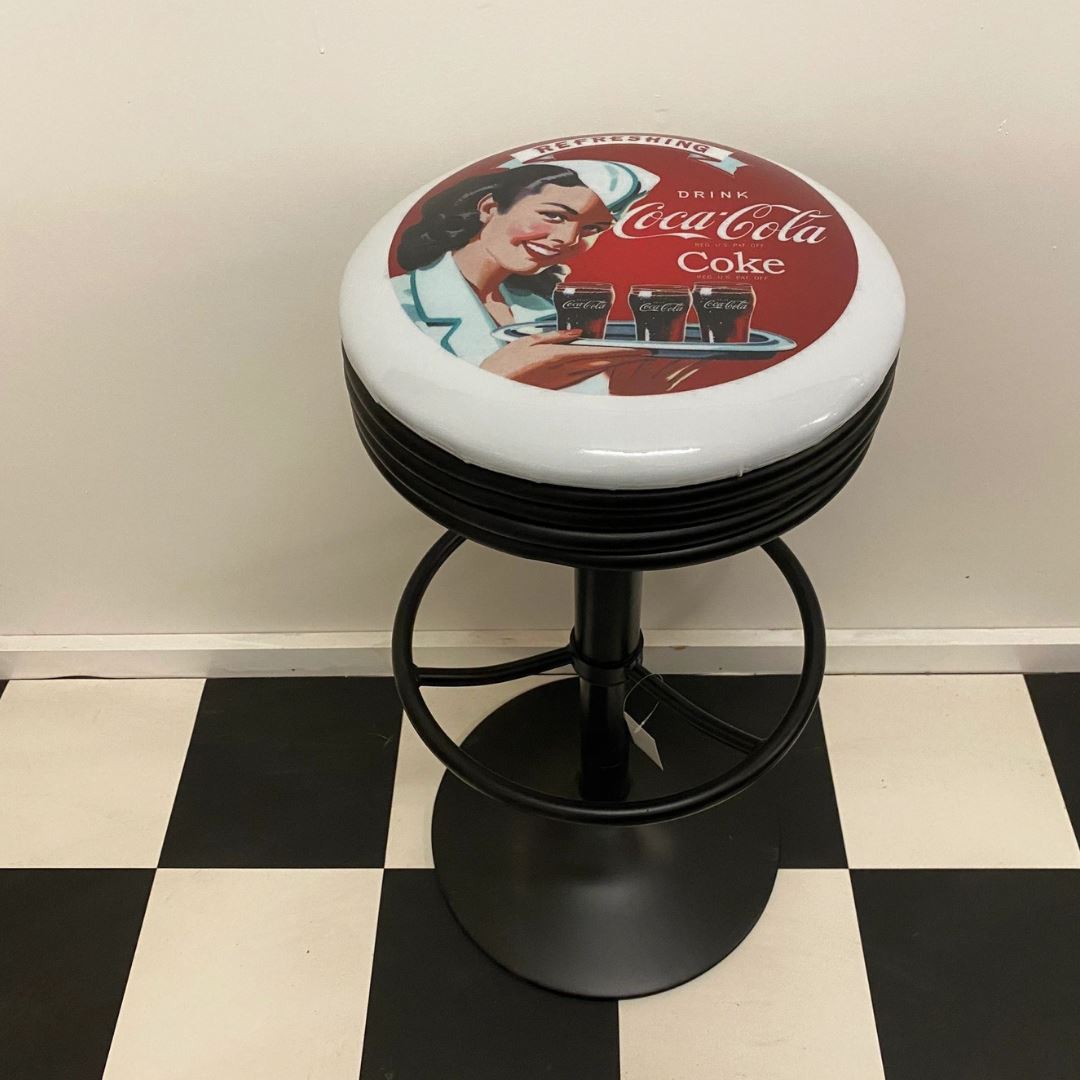 Coca Cola Coke Girl With Tray Black Premium Retro Bar Stool Retro Bar Stools