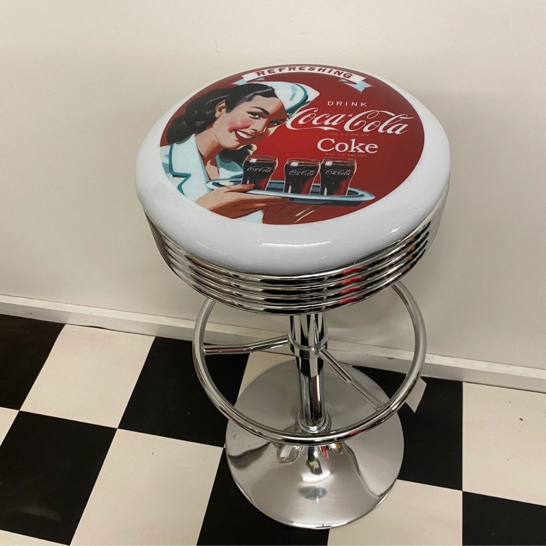 Coca Cola Coke Girl With Tray Silver Premium Retro Bar Stool Retro Bar Stools