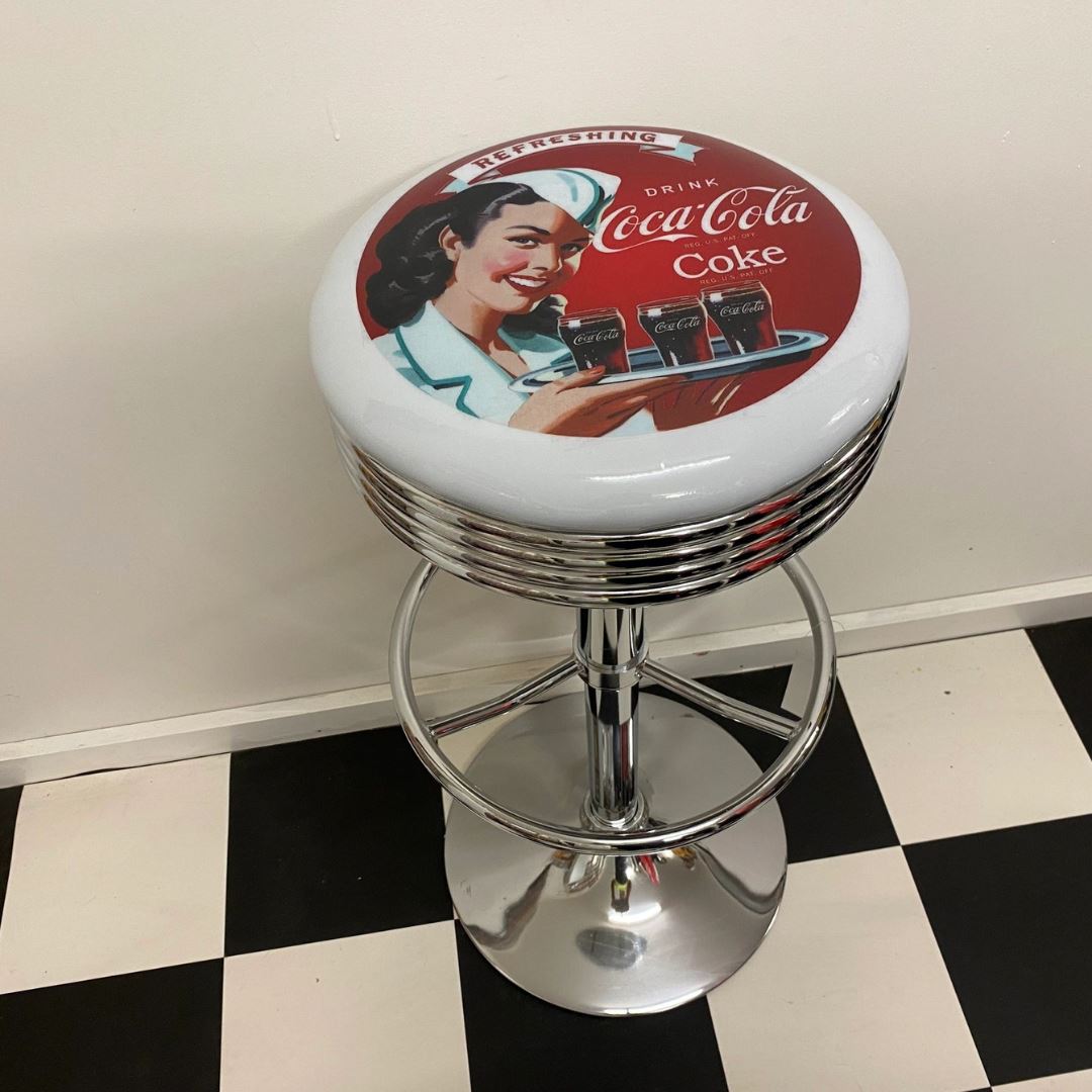Coca Cola Coke Girl With Tray Silver Premium Retro Bar Stool Retro Bar Stools