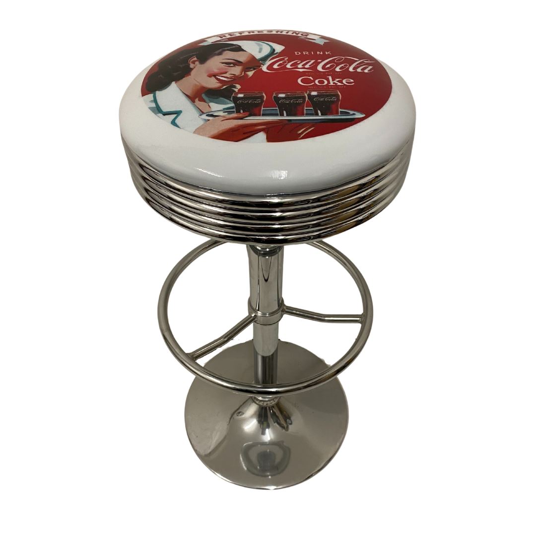 Coca Cola Coke Girl With Tray Silver Premium Retro Bar Stool Retro Bar Stools