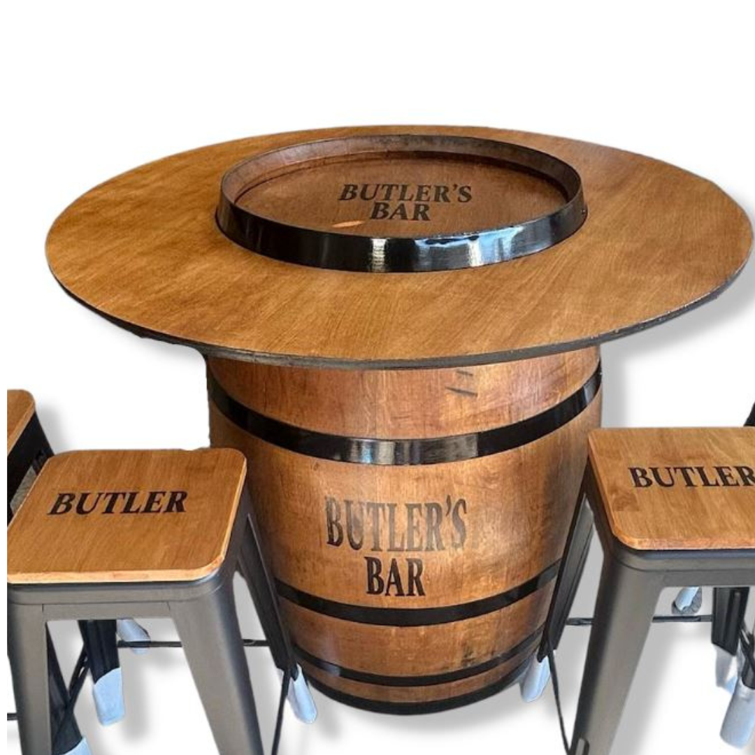 Branded Wine Barrel table & Stool Set | The Dens