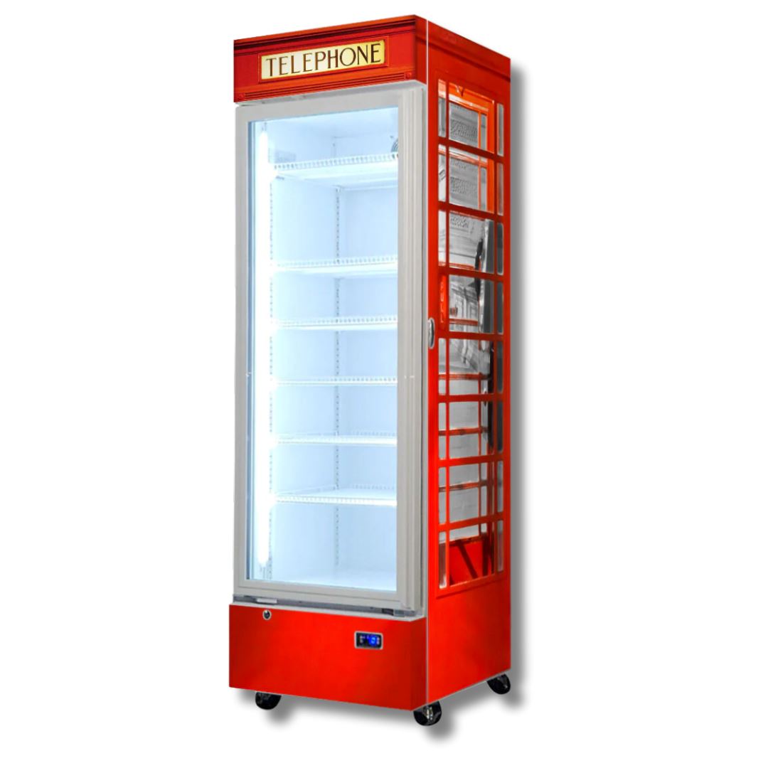 Telephone Box Red Branded 370LT Upright Bar Fridge Refrigerators 