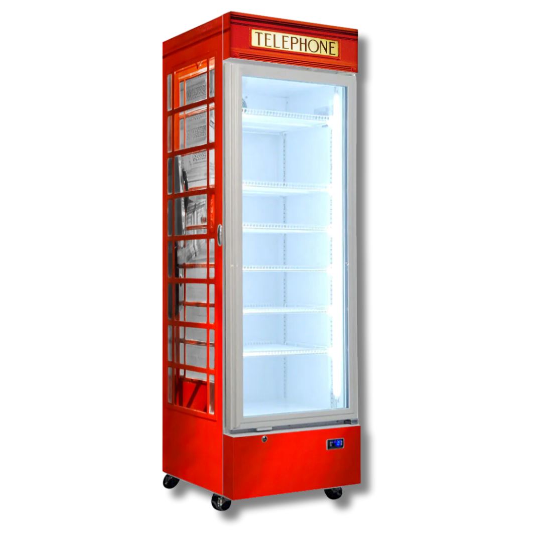 Telephone Box Red Branded 370LT Upright Bar Fridge Refrigerators 