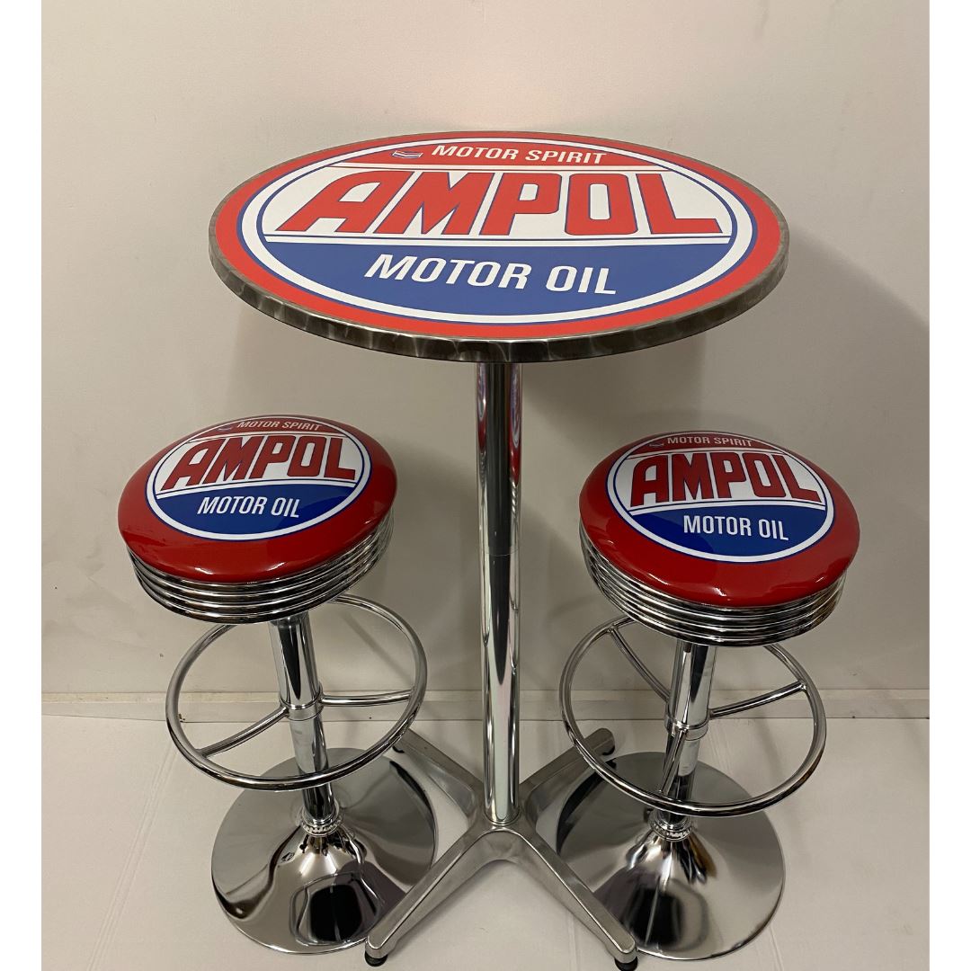 Ampol Motor Oil Bar Table & 2 Stool Package Retro Design Retro Bar Stools 