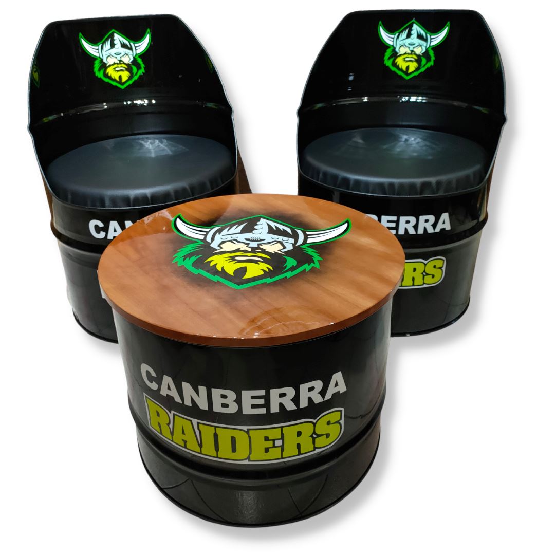 Canberra Raiders Drum Coffee Table & Chair Set Furniture Clear Coat Yellow And White Logo 