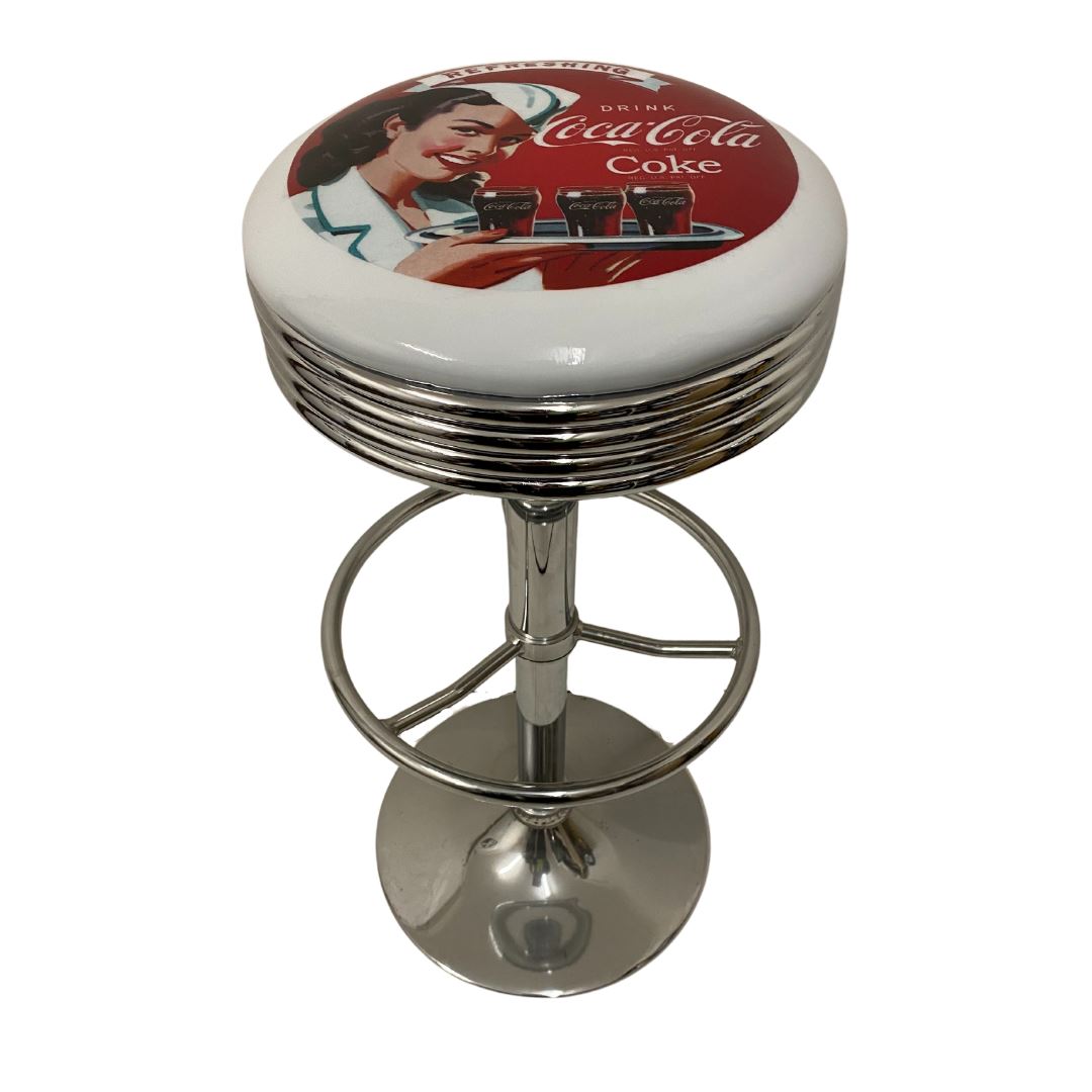 Coca Cola Coke Girl With Tray Silver Premium Retro Bar Stool Retro Bar Stools 