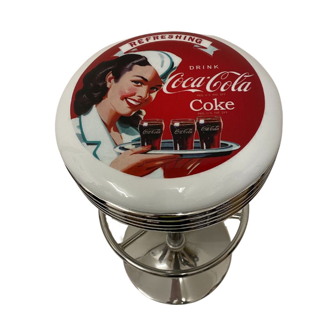 Coca Cola Coke Girl With Tray Silver Premium Retro Bar Stool Retro Bar Stools 