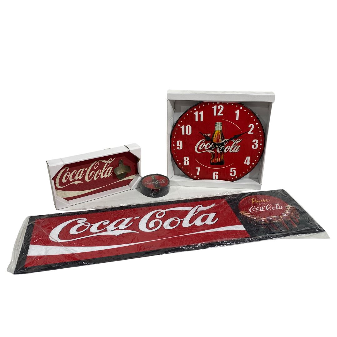 Coke Coca Cola Pack Combo - Clock, Beer Runner, Coasters, Bottle Opener Metal Signs 