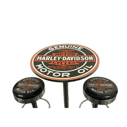 Harley Davidson Motor Oil Table & 2 Bar Stool Package Retro Bar Stools 
