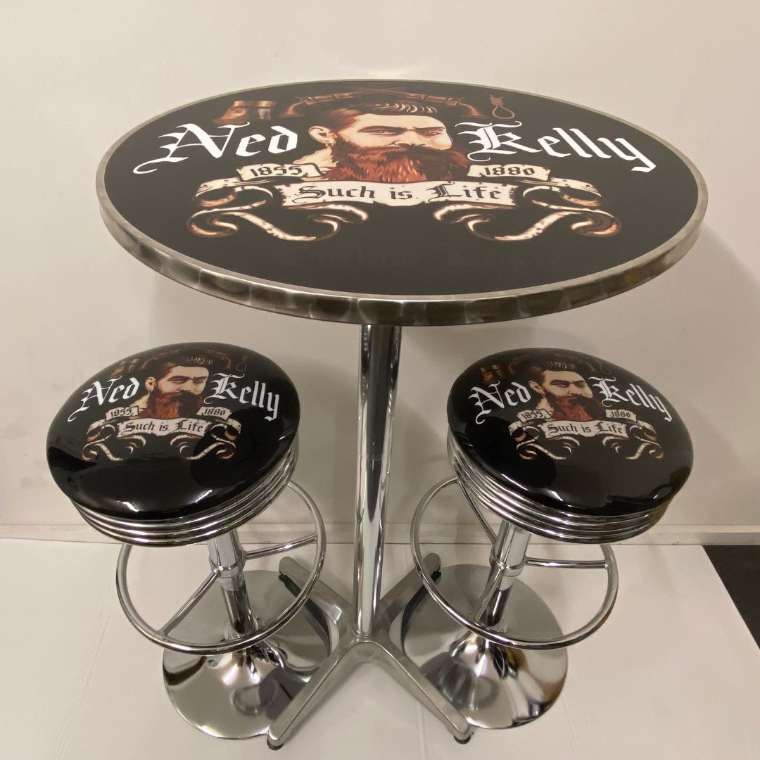 Ned Kelly Bar Tribute Table & 2 Stool Package Retro Design Retro Bar Stools 