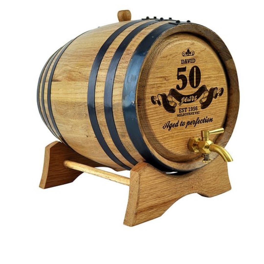 Oak Barrel Personalised Aged To Perfection Design Drink Dispensers Black 2L Brass Tap
