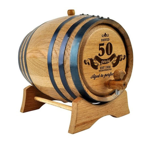 Oak Barrel Personalised Aged To Perfection Design Drink Dispensers Black 2L Wooden Tap