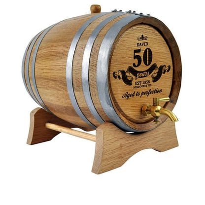Oak Barrel Personalised Aged To Perfection Design Drink Dispensers Steel 2L Brass Tap
