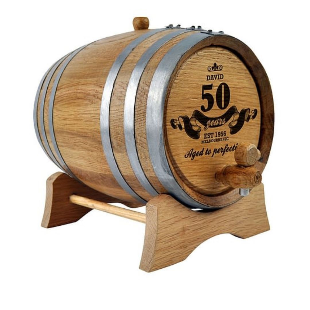 Oak Barrel Personalised Aged To Perfection Design Drink Dispensers Steel 2L Wooden Tap