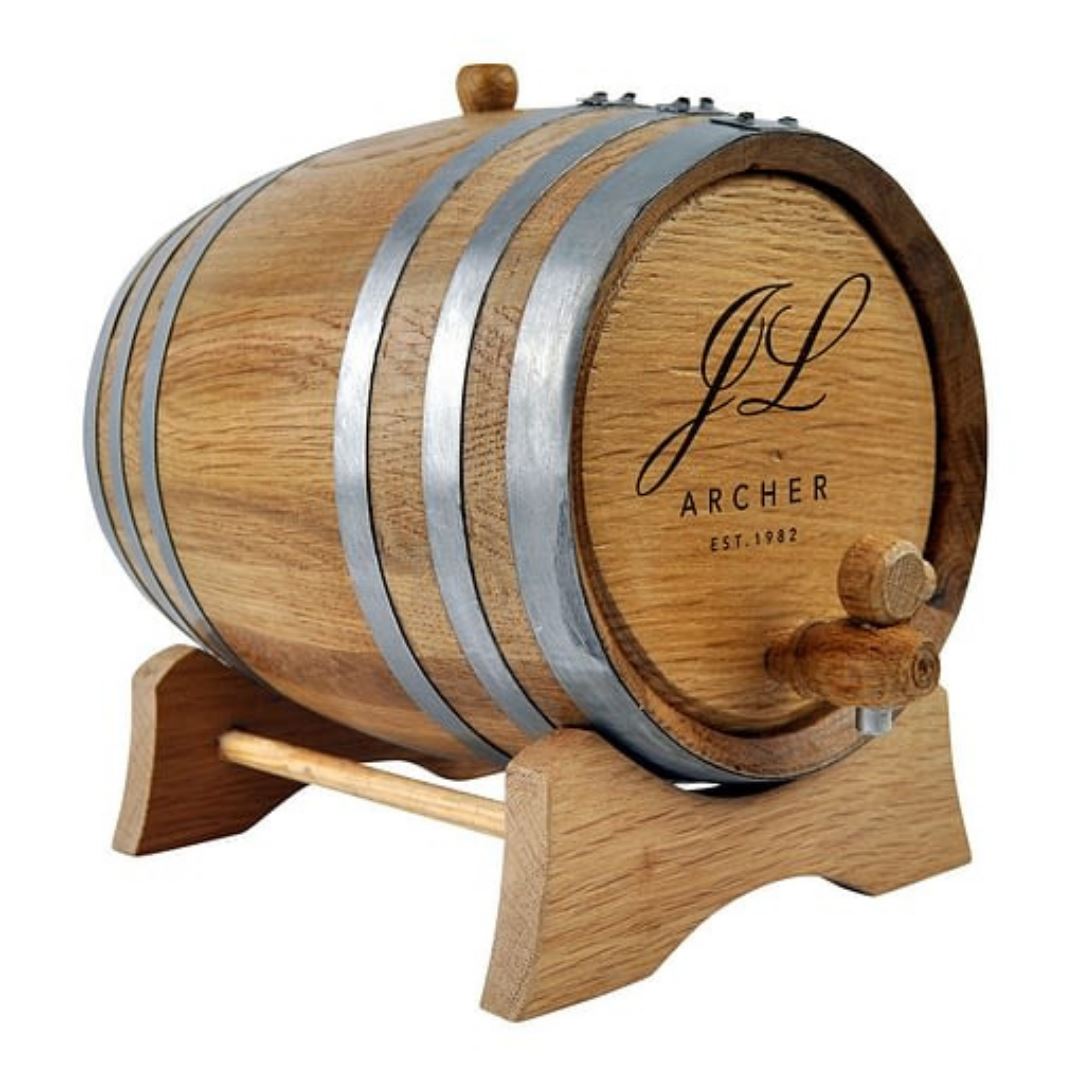 Oak Barrel Personalised Initials & Surname Design Drink Dispensers Steel 2L Wooden Tap