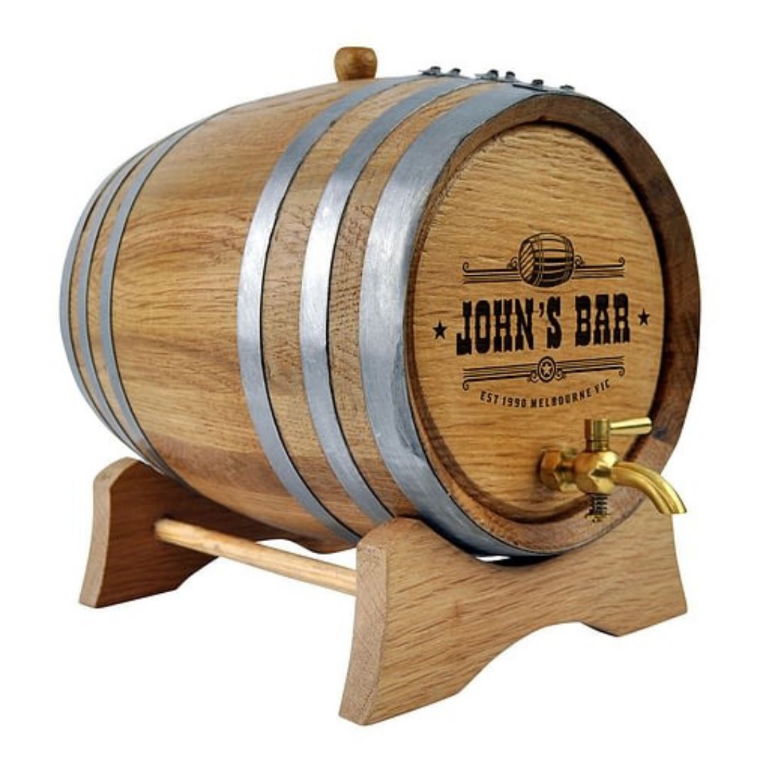 Oak Barrel with Personalised Bar Design Drink Dispensers Steel 2L Brass Tap