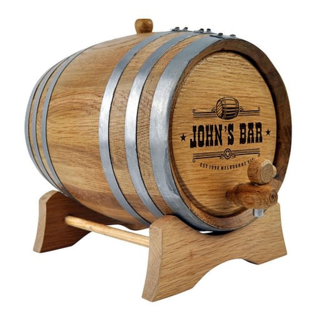 Oak Barrel with Personalised Bar Design Drink Dispensers Steel 2L Wooden Tap