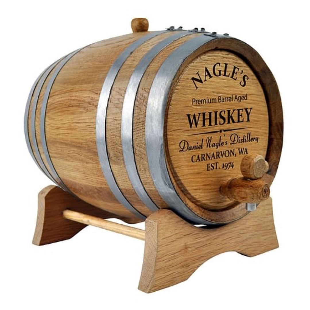 Oak Barrel with Personalised Distillery Design Drink Dispensers 