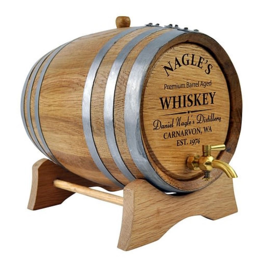 Oak Barrel with Personalised Distillery Design Drink Dispensers 