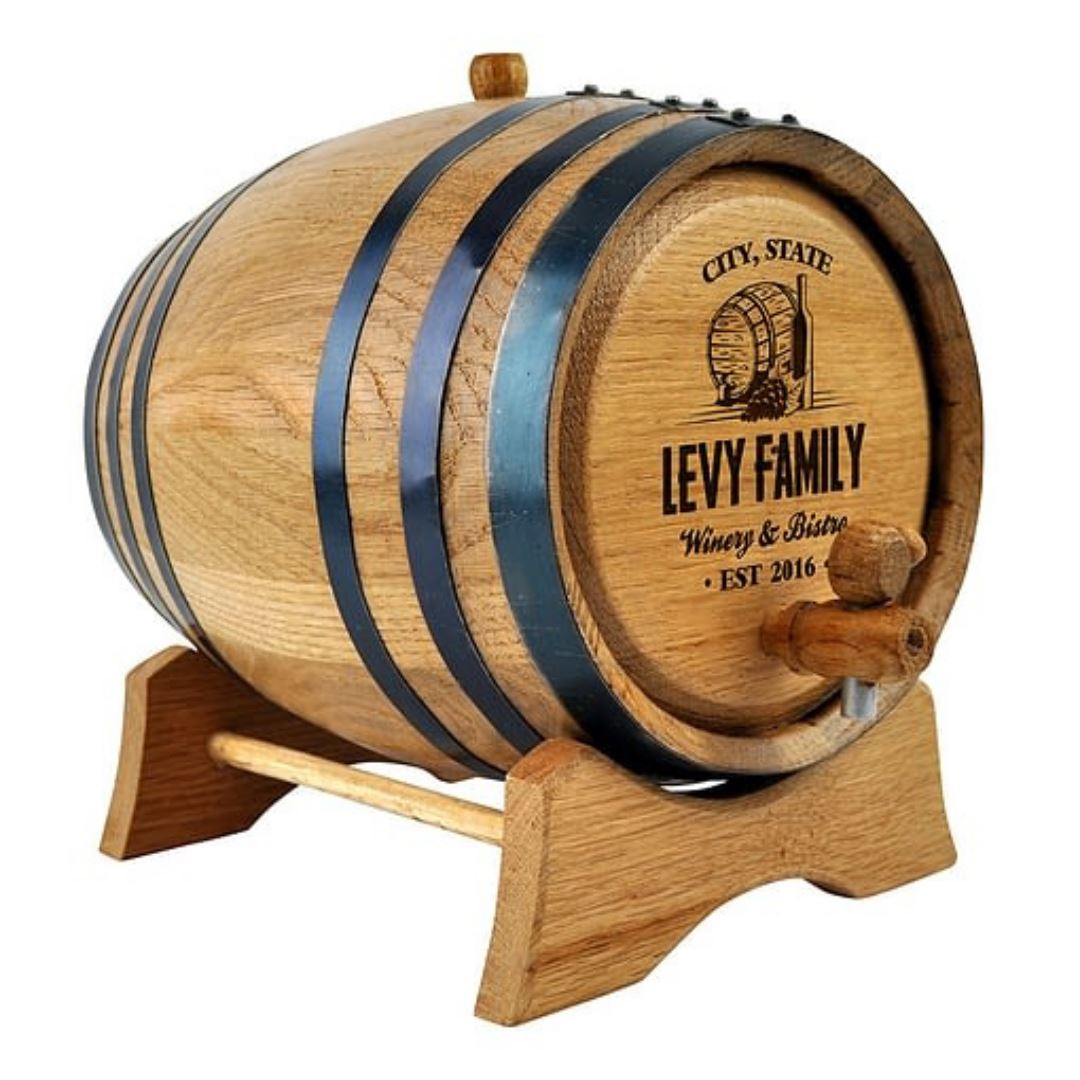 Oak Barrel with Personalised Family Design Drink Dispensers Black 2L Wooden Tap