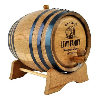 Oak Barrel with Personalised Family Design Drink Dispensers Black 2L Wooden Tap