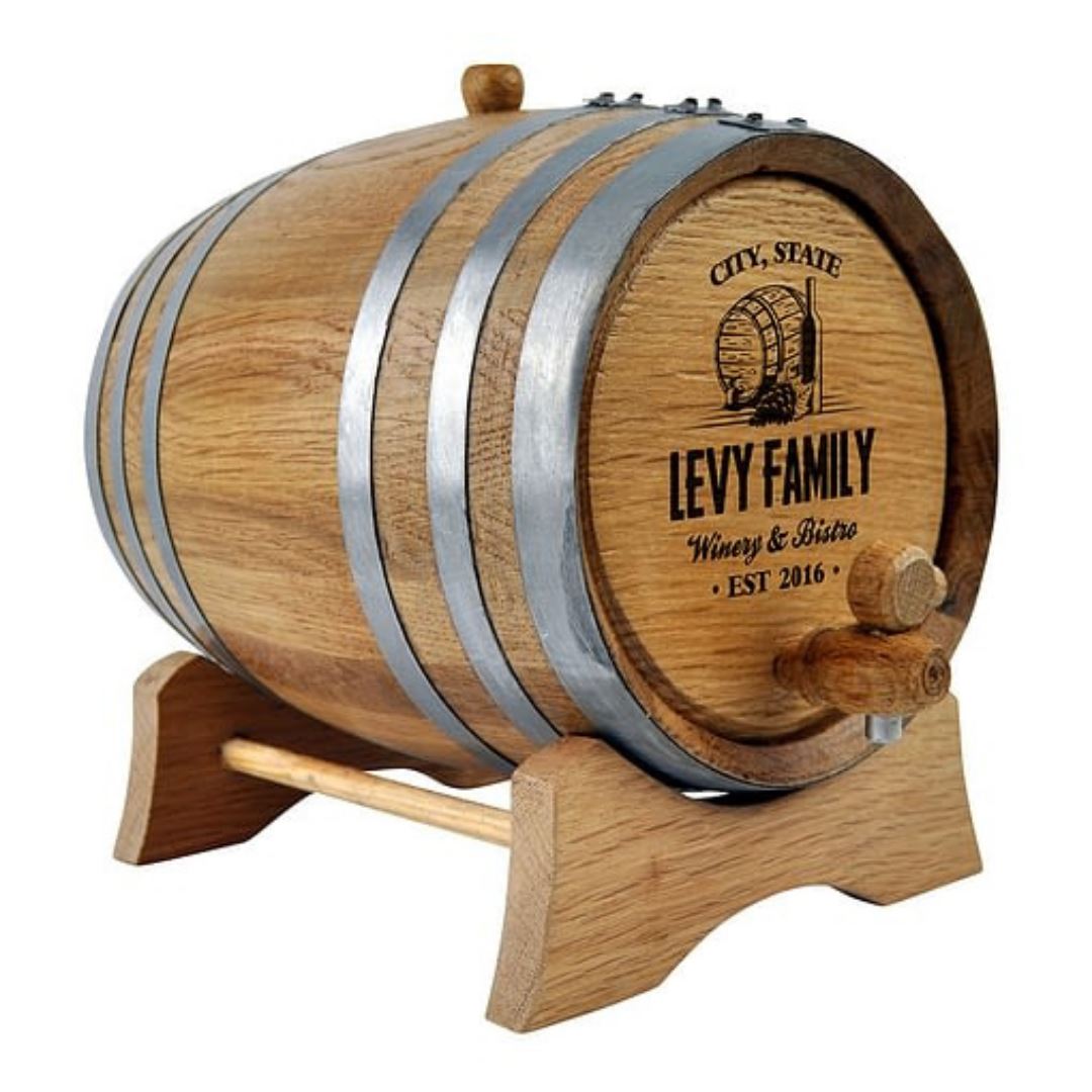 Oak Barrel with Personalised Family Design Drink Dispensers Steel 2L Wooden Tap