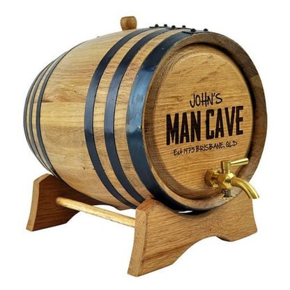 Oak Barrel with Personalised Man Cave Design Drink Dispensers Black 2L Brass Tap