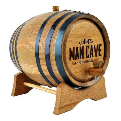 Oak Barrel with Personalised Man Cave Design Drink Dispensers Black 2L Wooden Tap