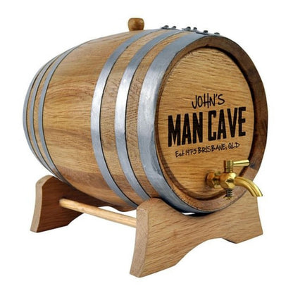 Oak Barrel with Personalised Man Cave Design Drink Dispensers Steel 2L Brass Tap