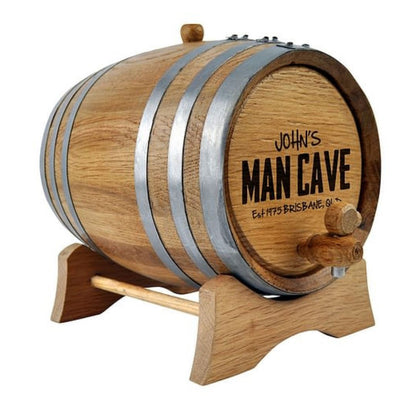 Oak Barrel with Personalised Man Cave Design Drink Dispensers Steel 2L Wooden Tap