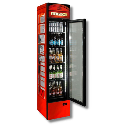 Telephone Box Red Branded 160LT Upright Bar Fridge Refrigerators 