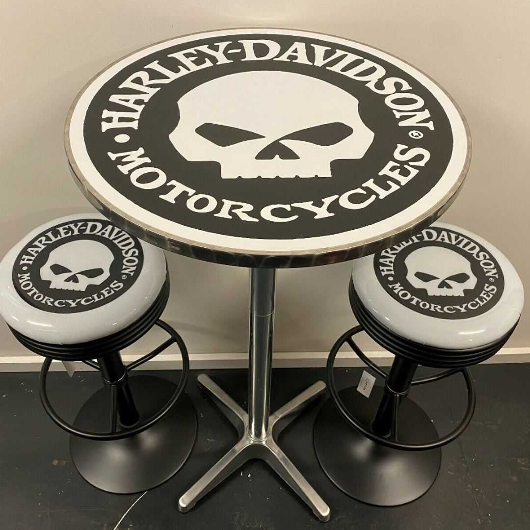 Harley Davidson Willy G Bar Table & 2 Stool Package Retro Bar Stools 